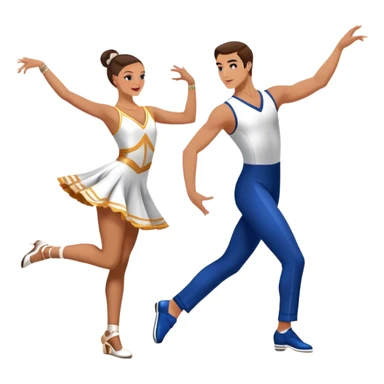 Icon for Sports Dance: a couple performing an energetic and synchronized dance, dressed in competitive dance attire, dance shoes, a rhythmically placed dance floor, and a competition backdrop. The icon should capture the athleticism, technique, and precision of sports dance. Transparent background. sticker
