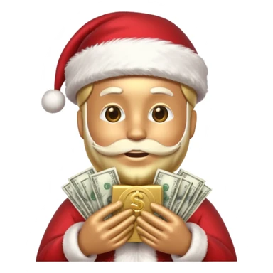 A confident rich emoji face wearing a Santa hat, money stacks, casino vibe, New Year theme, premium 3D emoji style, sharp details, no text, isolated on transparent background sticker