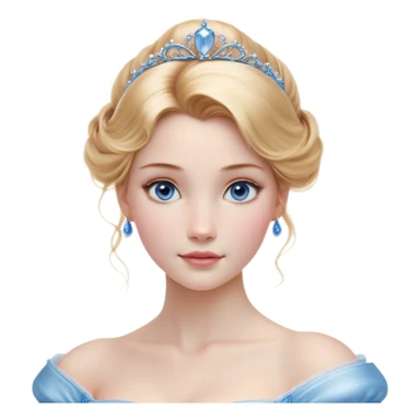 Cinematic Realistic Cinderella Portrait, depicted with lifelike skin texture, subtle rosy undertones, and soft natural lighting that enhances the gentle contours of her face. Her intricately detailed golden blonde hair is elegantly styled in an updo, with delicate wisps framing her face. Her deep, expressive blue eyes radiate warmth and sincerity, reflecting a quiet resilience and grace. She holds a glass slipper gently in one hand, her other hand resting gracefully at her side, emphasizing the timeless beauty of the moment. She is dressed in her iconic ball gown, the fabric shimmering with intricate embroidery and fine translucent layers that catch the light beautifully. The soft sheen of satin gloves adds a magical touch to her graceful pose. The portrait features an enchanting glow with a natural, luminous finish, seamlessly blending realism and fairytale charm to evoke a sense of depth, elegance, and timeless beauty. sticker