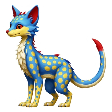 red blue and yellow spotted silly fantasy feline-vernid-sergal-fursona animal creature with a tufted tail full body with intricate markings  sticker