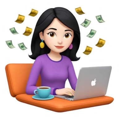 3D clay woman character relaxed with laptop and coffee in Paris, floating icons (dollars), colofrful modern outfit, white laptop, Pixar style, transparent background, black hair, fair skin,  sticker