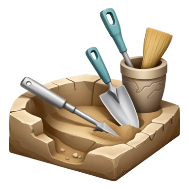 An icon showing an archaeologist’s tools: a trowel, brush, and a partially uncovered ancient artifact like a vase or tablet. The design includes a sandy excavation site with ruins in the background, symbolizing the discovery of past civilizations. Transparent background  sticker