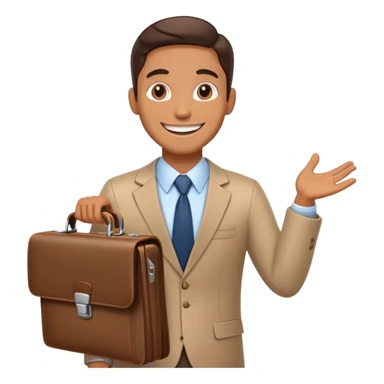 Friendly salesman with briefcase presenting product sticker