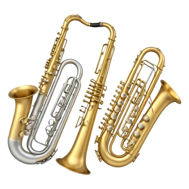 Create a professional, harmonious emoji collage symbolizing wind instruments.  The instruments should be in metallic gold, silver, and brass tones, with subtle reflections to convey a professional and polished appearance. Add soft musical notes or soundwaves to surround the instruments, creating a sense of movement and sound. The background should be transparent, ensuring all instruments are the focus and the composition remains harmonious and balanced. sticker