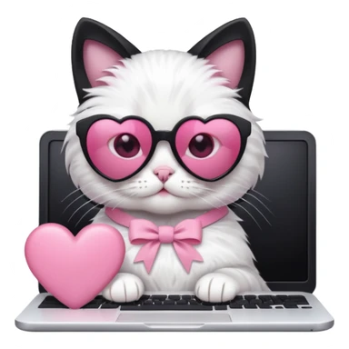 Black and white cat with pink ribbon and black cool sunglasses doing pink computer with pink heart sticker
