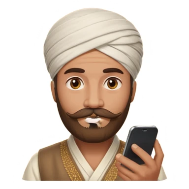 A man wearing imama sharif (traditional turban), with a beard and moustache, using a smartphone. The man looks focused while using the mobile. Realistic emoji-style illustration with soft lighting and warm tone sticker