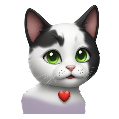 Realistic Black and white cat with green eyes holding a heart sticker