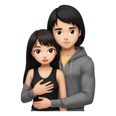 generate a pretty bratz girl in black cami top, dark brown straight long hair with bangs, eyeliner on, 

hugging a handsome muscular boy with black hair and a grey hoodie sticker