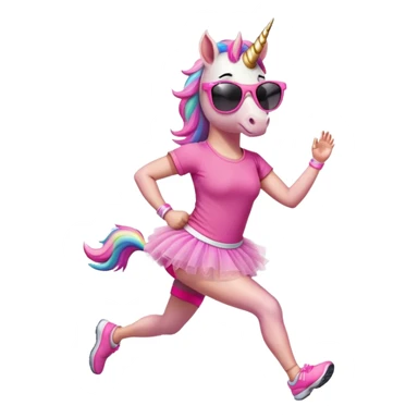 friendly anthropomorphised female unicorn with horse-like face, in tutu and pink t-shirt, wearing dark sunglasses, jogging upright in relaxed pose sticker