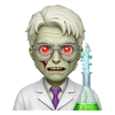 mad experiment zombie scientist portrait, head and shoulders only, exposed brain glow, broken glasses, evil grin, horror lab vibe, 3D cartoon, mobile game icon style, clean background, no text, no watermark
 sticker