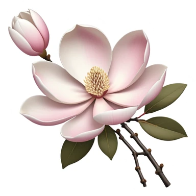 Japanese style Magnolia kobus (kobushi) flower in ukiyo-e inspired design, elegant white petals with subtle pink tinge, bare branches, traditional composition like Japanese woodblock prints sticker