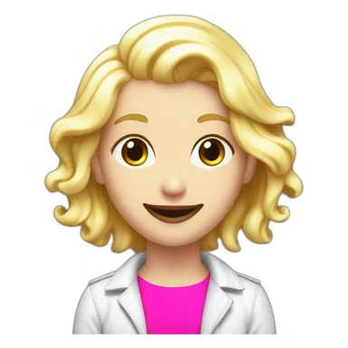 Joyful white hacker with fluorescent and playful pink shirt, passionate about programming and art, blond hair red lip round and black bezel sticker