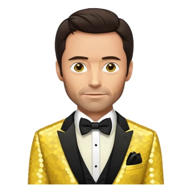 Hugh Jackman with dark brown hair, yellow sequin suit with bow tie sticker