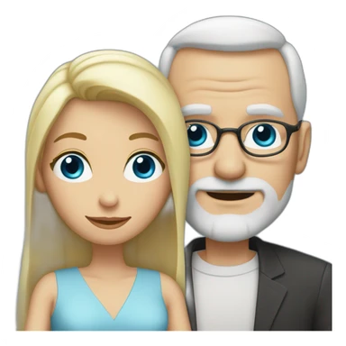 Blonde woman with blue eyes marries an older man with blue eyes, glasses without hair and a gray beard sticker