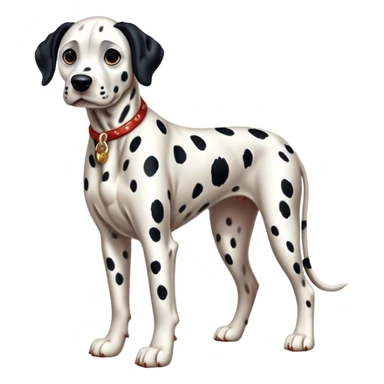 Cinematic Realistic full-body portrait of a Dalmatian dog, rendered with glossy, meticulously detailed spotted fur and expressive, alert eyes, set against a clean, neutral backdrop that highlights its regal and athletic stance. sticker