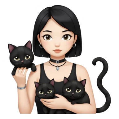 Asian girl, black hair.  Holding two BLACK cats with one cat has a round fat face. Both pure black.  The girl also wearing a black singlet, a black chocker, silver round hook earring, and wearing eyeliner.  sticker