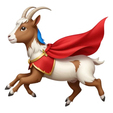 side view of white female goat wearing a read cape like superman sticker