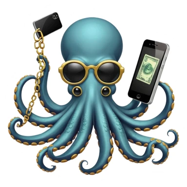Intimidating octopus with pearl white skin, black suction cups. Wearing black mirrored sunglasses and a gold chain. 3 tentacles are holding their own cellphone with one held to the side of its face as if its on a phone call, 2 other tentacles are holding stacks of money sticker