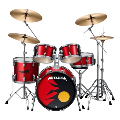 Create a powerful and dynamic emoji representing Lars Ulrich's drum kit. The design should feature a heavy-duty, professional drum set with a large bass drum, snare, toms, and multiple cymbals, reflecting Lars' iconic setup. The drums should have a bold, metallic look, with dark, aggressive colors like black, silver, and red, reflecting the heavy metal aesthetic. Add subtle details like the Metallica logo on the bass drum or cymbals to emphasize the connection with the band. Use musical notes and sound waves to evoke the intense rhythm and energy of Lars Ulrich's drumming style. The background should be transparent. sticker