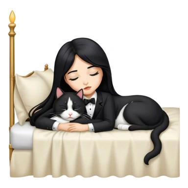 Single long Black hair girl sleeping with tuxedo cat sticker