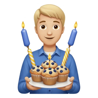 It is my friend virginias birthday. Create emoji with me saying happy birthday Virginia while holding blueberry muffins with birthday candles in them! I am a white man make the emoji with dirty blonde hair. Have a banner that says happy birthday  sticker