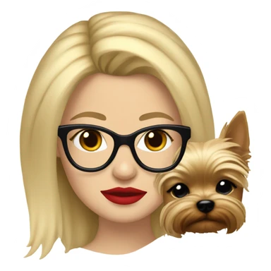 White girl, blonde hair, eyes closed, red lipstick wearing glasses hugs Yorkshire terrier  sticker