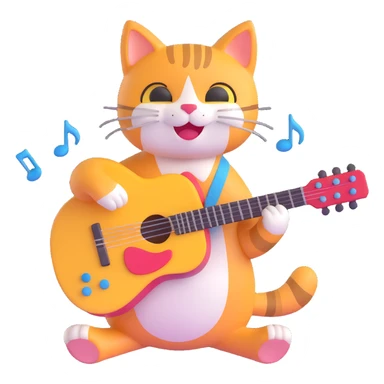 happy musician cat playing a guitar with musical notes sticker