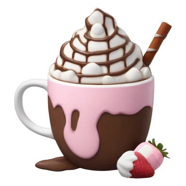 hot chocolate with mug and whip cream and chocolate drizzle and pale pink strawberry and marshmellows sticker
