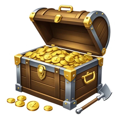 An icon featuring a treasure chest partially open, revealing gold coins and jewels. A metal detector and a shovel are nearby, symbolizing the excitement of treasure hunting. The design evokes adventure, exploration, and the thrill of discovering hidden treasures. transparent background. sticker