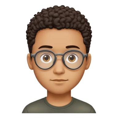 Young Latino man with small oval face, big forehead, aviator glasses, shaved sides with short curly hair on top, neutral-friendly expression, brown skin, black t-shirt sticker