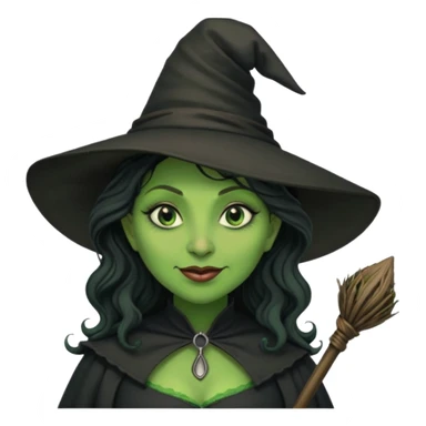 elphaba the wicked witch from wicked movie (cynthia erivo) dark long curly hair, thick lips, wide nose, green skins, witch hat, witch broom, evil, wicked musical film, evil smirk evil scary cynthia erivo sticker