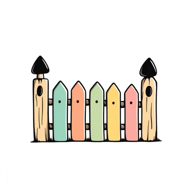 A wooden garden fence with decorative posts in pastel colors (dd9fb0, ffc6d3, a3bfc9, c4bee2, f1b091), hand-drawn doodle style sticker