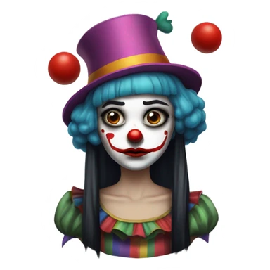 Sad clown girl with clown face paint wearing cockcomb jester hat with straight black hair exaggerated expression of sadness on her face  sticker