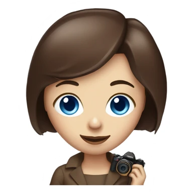 Portrait of stylish woman with blue eyes and chocholate  bob hair holding a nikon camera sticker