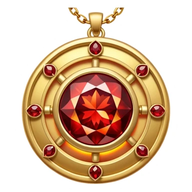 tiny glowing garnet talisman, radiating warmth and power, golden chain sticker