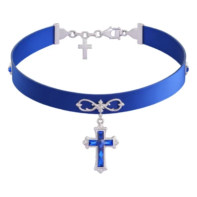 gothic choker with sapphire blue satin band, silver cross pendant, blue gemstone centerpiece, elegant and gothic sticker