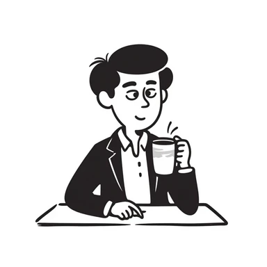 Office boss sitting at desk with coffee mug, looking authoritative sticker