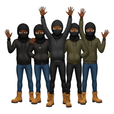 Group of African American men with ski masks covering their face wearing black skinny jeans and timberland boots all holding their hands out sticker