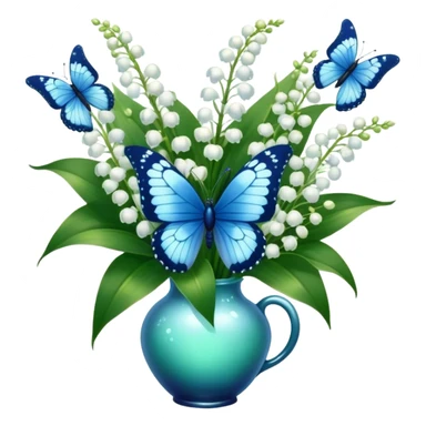 Aesthetic butterfly with blue light and navy wings sitting on a dark green bouquet of lily of the valley in a pastel blue vase sticker