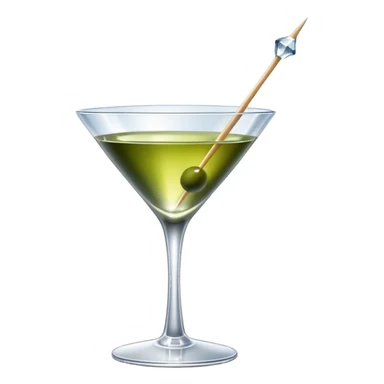 martini glass with crystal clear transparent liquid and an olive at the bottom skewered by a toothpick sticker