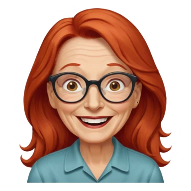 obese; older 50's ; long red hair ; women hazel eyes; glasses ; laughing sticker