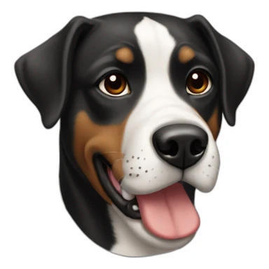 Black american stanford dog  with white chest sticker