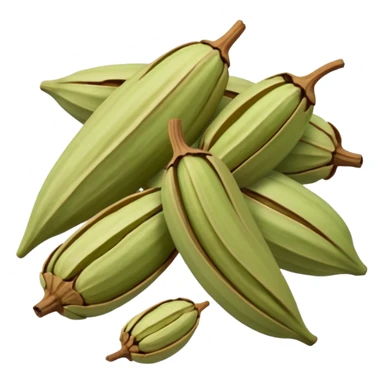 small scatter of whole cardamom pods, oval ridged shape, pale green to light brown hues, slightly wrinkled dry surface, visible seams and pointed ends, aromatic spice seeds inside, apple emoji style, soft lighting, subtle shadows, transparent background, emoji scale sticker