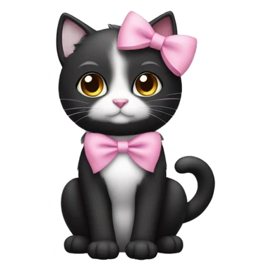 Black cat with white chest fur and a pink bow sticker