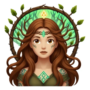 idea moment forest woman long wavy brown hair tattoos glowing rune above head sticker