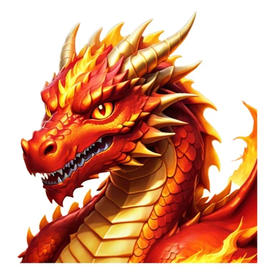 Cinematic Noble Fierce Fire Dragon Portrait Emoji, Poised and imposing, with a muscular, scaled body ablaze in fiery hues of crimson, molten orange, and molten gold, and intense, burning eyes that mirror the heart of a volcano; rendered with lifelike texture and dynamic natural highlights, high shine, formidable and intense, styled with an aura of scorching mythic power, focused and resolute, soft glowing outline, capturing the essence of a legendary inferno poised to ignite the screen with timeless ferocity! sticker