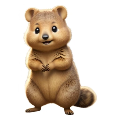 cinematic-quokka-realistic-full-body-standing-emoji,-small-round-frame-balanced-on-tiny-strong-hind-legs,-fluffy-brown-fur-radiating-a-warm-softness,-big-round-eyes-filled-with-joy-and-innocence,-tiny-clawed-paws-held-close-to-chest,-cheerful-smile-exuding-endearing-happiness,-simplified-yet-realistic-focused-features,-highly-detailed,-glowing-with-a-sunny-warmth sticker