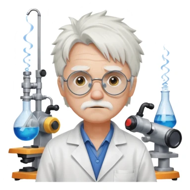 Portrait of an eccentric inventor with messy white hair, round goggles on forehead, sad face , wearing a slightly burnt lab coat, background of workshop with blueprints and tools sticker
