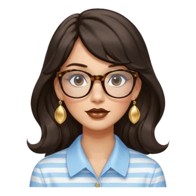 An emoji featuring a woman with long wavy dark brown hair and a whispy bang, wearing thick tortoise SQUARE glasses, gold drop earrings. She has long lashes and a nude browny glossy lipstick. She's wearing an oversize light blue shirt with white vertical strips. sticker