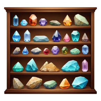 Icon for Mineral, Stone & Fossil Collecting: a display of various colorful minerals, gemstones, and fossils, arranged neatly on a table or shelf. The icon should reflect the beauty and scientific interest of collecting natural specimens. Transparent background. sticker
